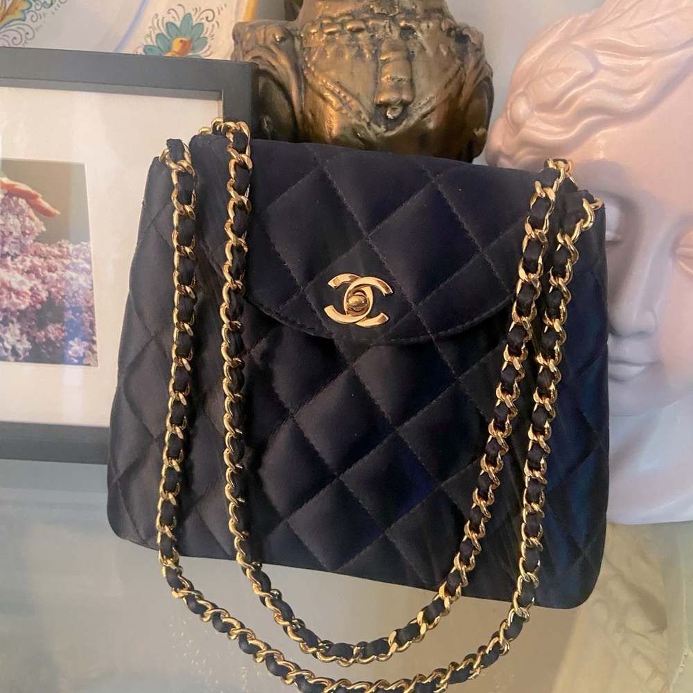 CHANEL Vintage Rare Blue satin evening bag Made in Italy
